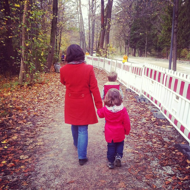 Ladies in red following Marty McFly jr.